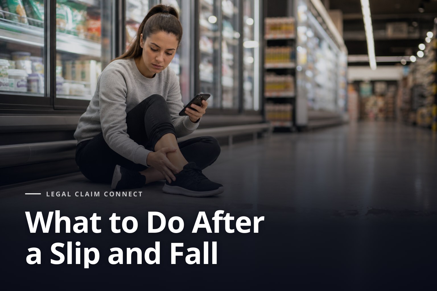 Person after a slip and fall, sitting in a supermarket aisle and checking their ankle.