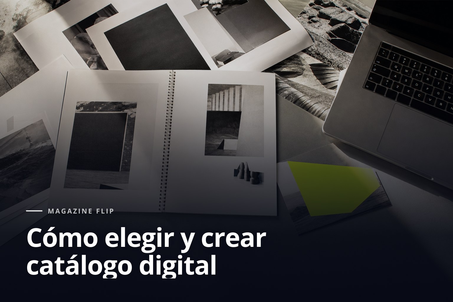 Catálogo digital en mesa editorial con impresos, portátil abierto y detalle verde ácido.