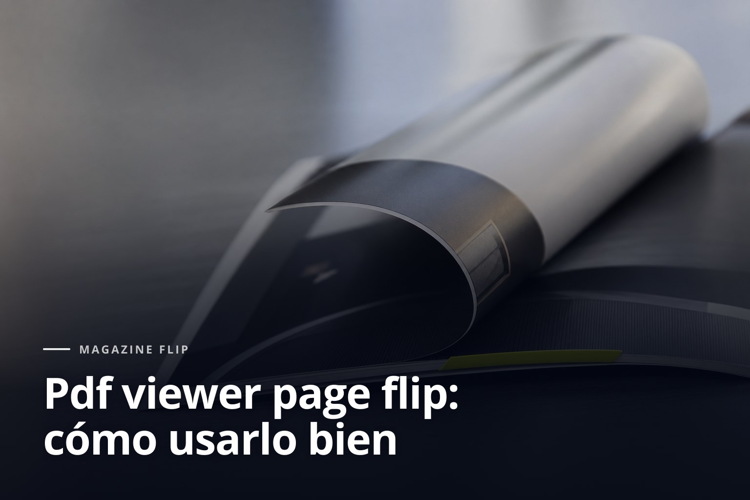 Catálogo impreso en giro sobre mesa metálica, con acento verde ácido y estética pdf viewer page flip