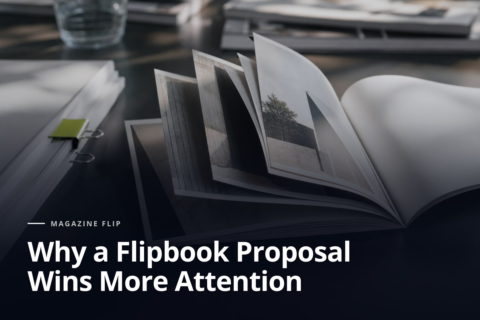 Open flipbook proposal on an editorial table with papers and acid green detail