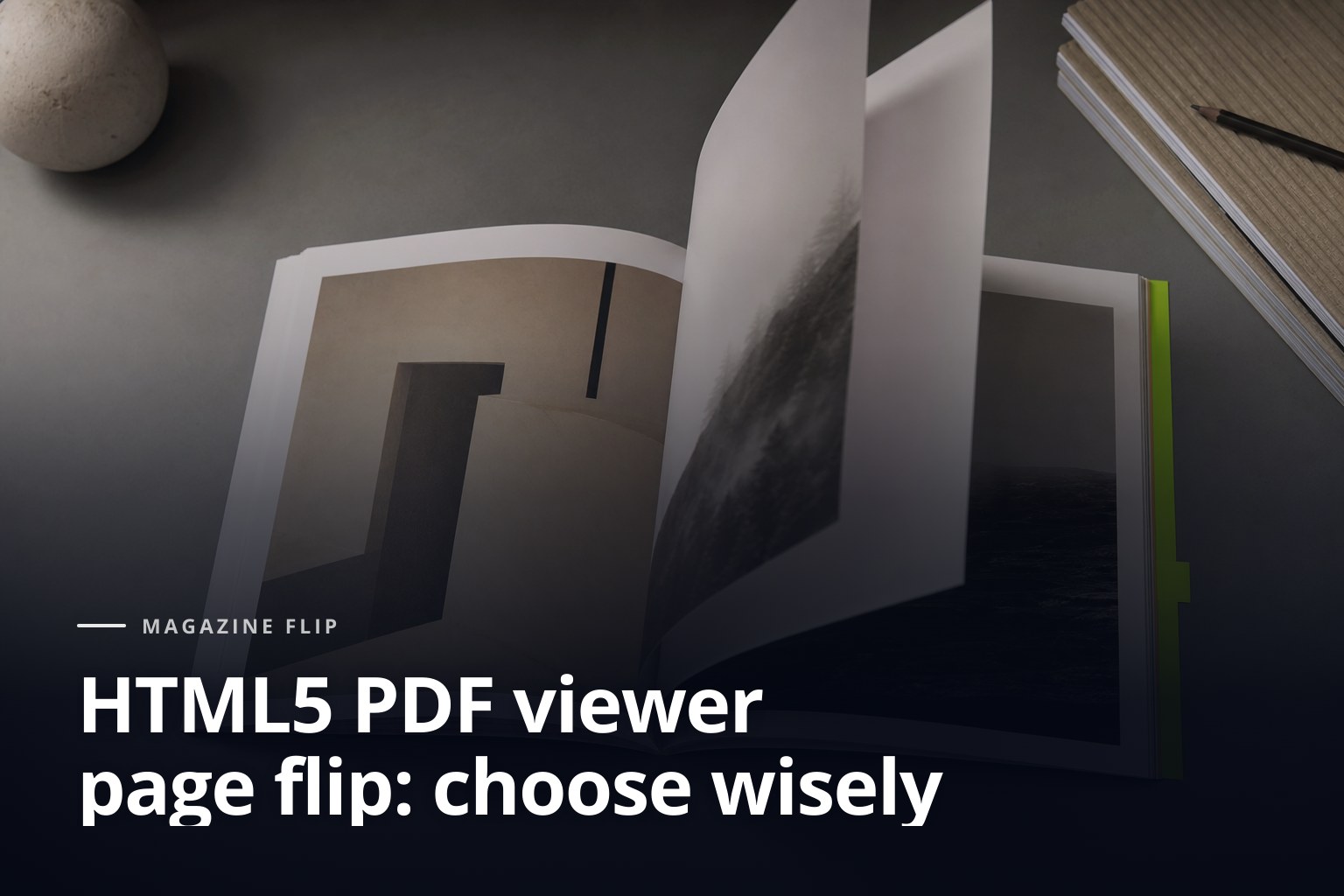 Open magazine with turning pages, acid green detail, and editorial style for HTML5 PDF page flip viewer