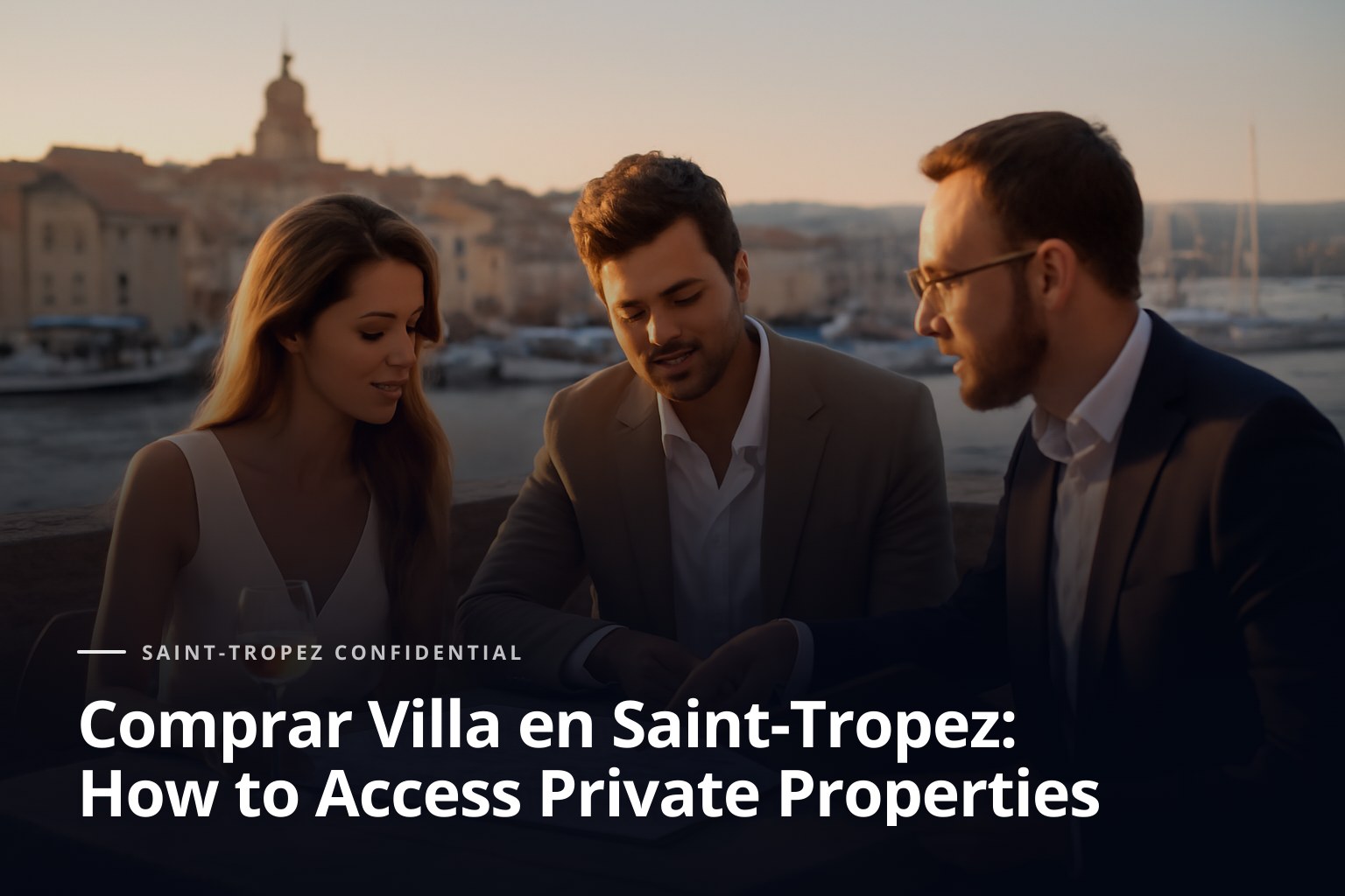 En una terraza mediterránea de piedra, una pareja elegante y un asesor privado revisan discretamente planos y una carpeta cerrada junto a una copa de rosado, co