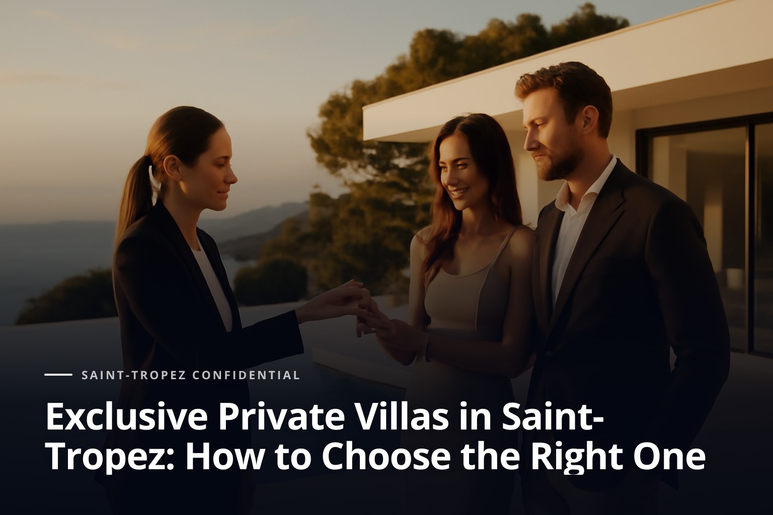 Una agente elegante entrega discretamente unas llaves a una pareja sofisticada junto a una villa blanca con piscina infinita y vistas al Mediterráneo en Saint-T