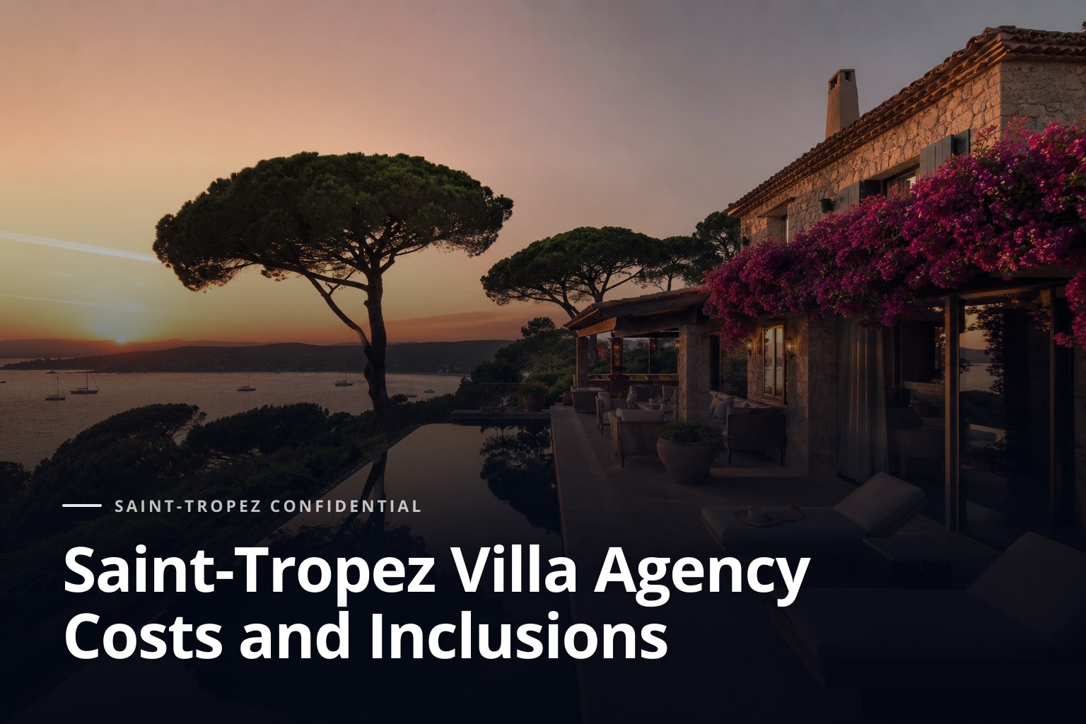 Saint-Tropez villa agency villa terrace with infinity pool and bougainvillea at sunset