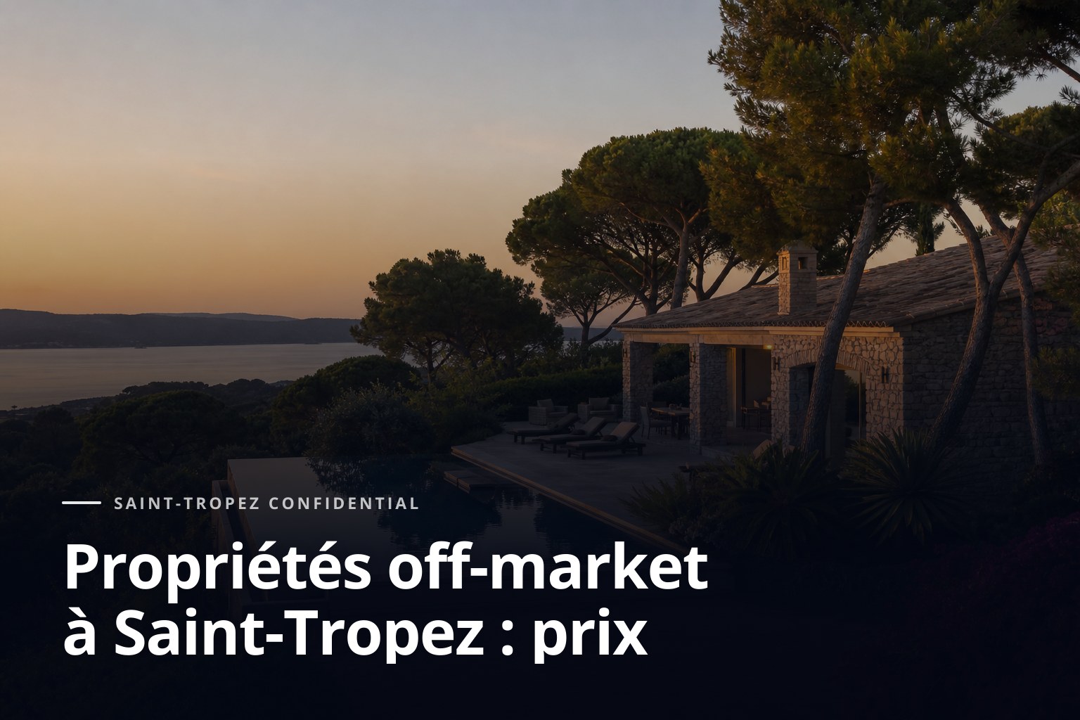 Propriétés off-market à Saint-Tropez, villa discrète sur colline avec piscine et vue mer au coucher du soleil