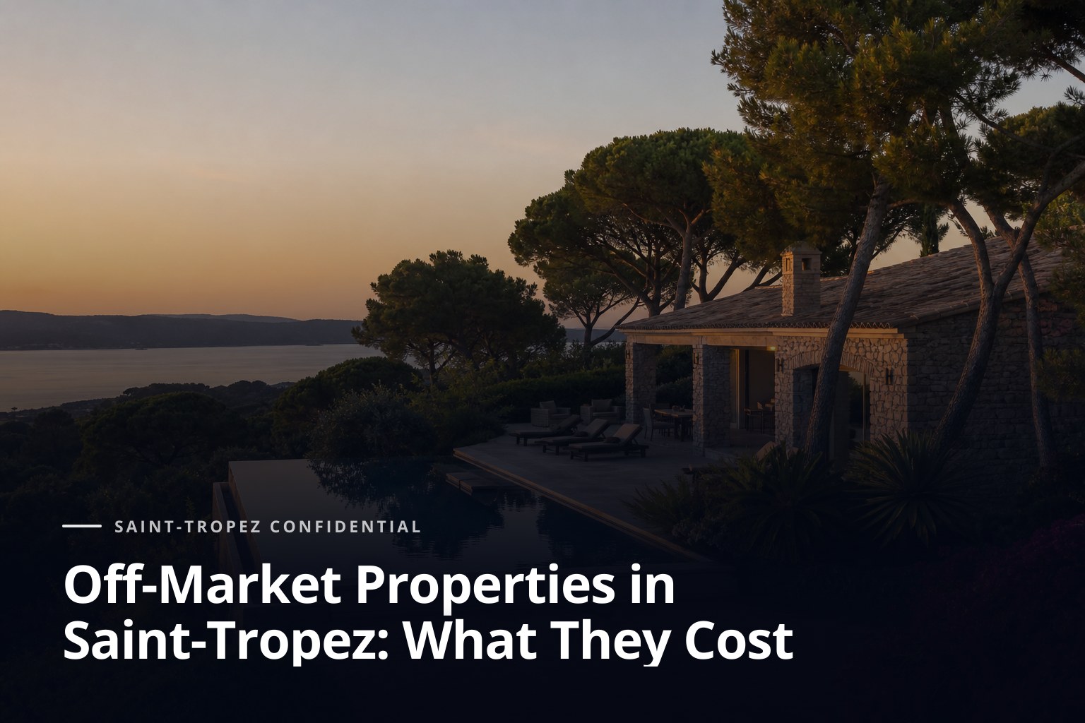 Off-market properties in Saint-Tropez, discreet hillside villa with pool and sea view at sunset