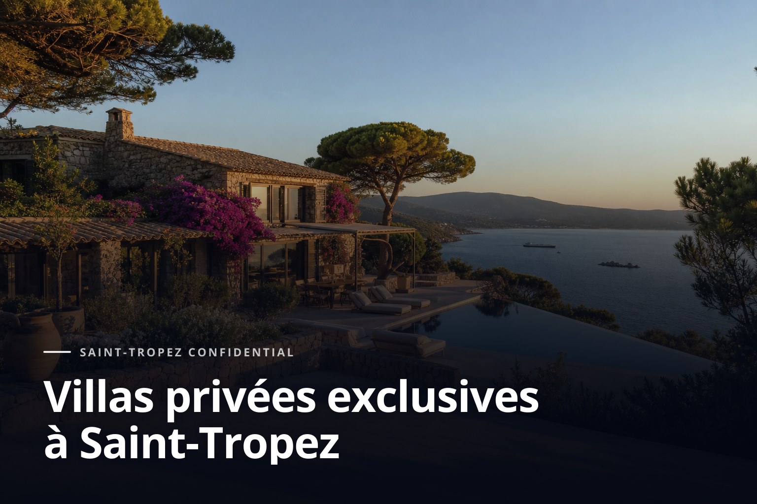 Villa privée exclusive à Saint-Tropez, maison en pierre avec piscine à débordement sur la Méditerranée.