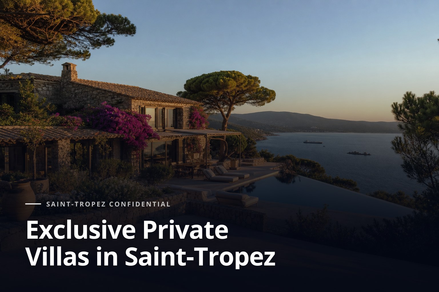 Exclusive private villas in Saint-Tropez, a stone villa with infinity pool overlooking the Mediterranean.