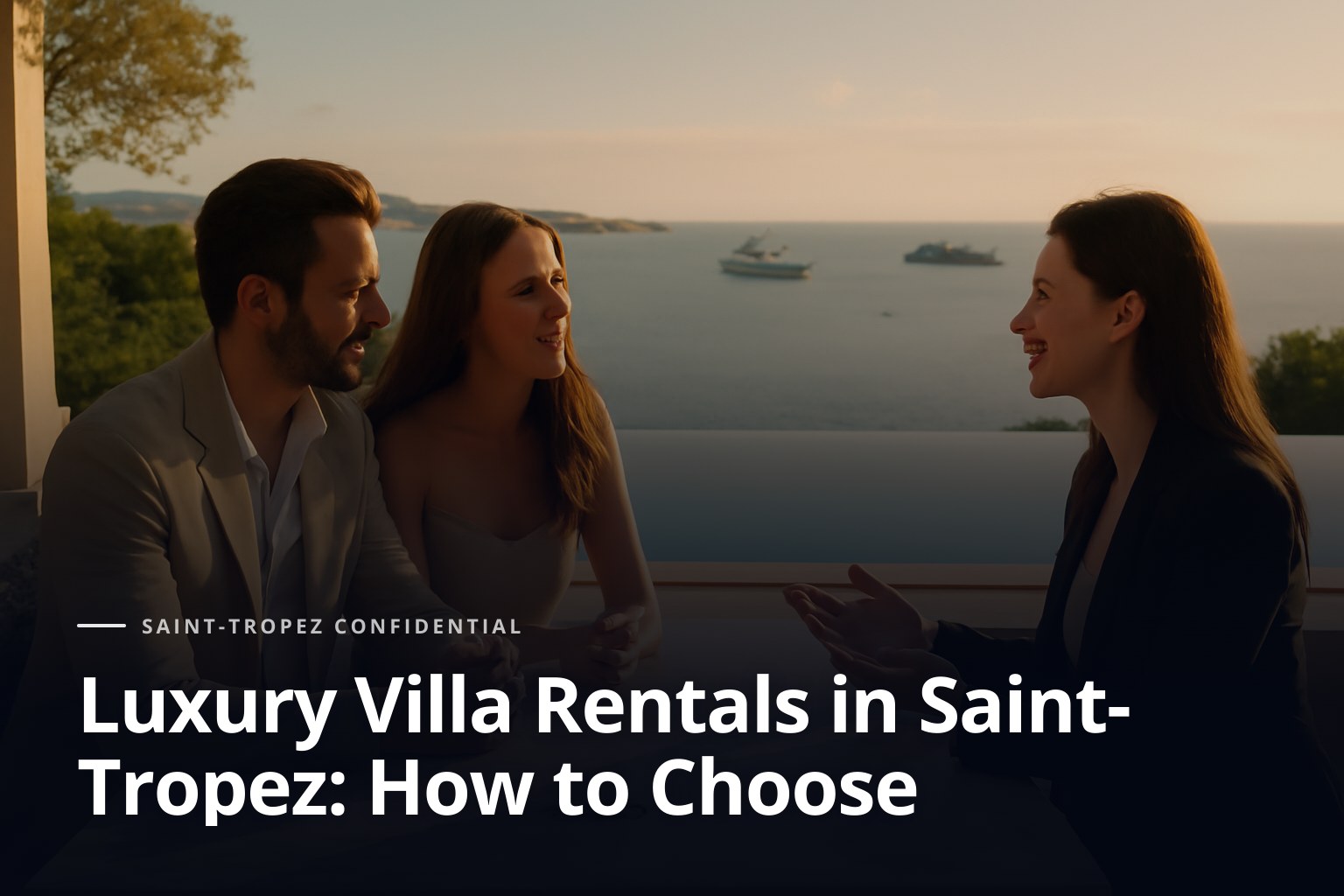 En una terraza de villa en Saint-Tropez, una pareja elegante conversa con una asesora privada junto a una mesa de mármol y llaves discretas, piscina infinita y