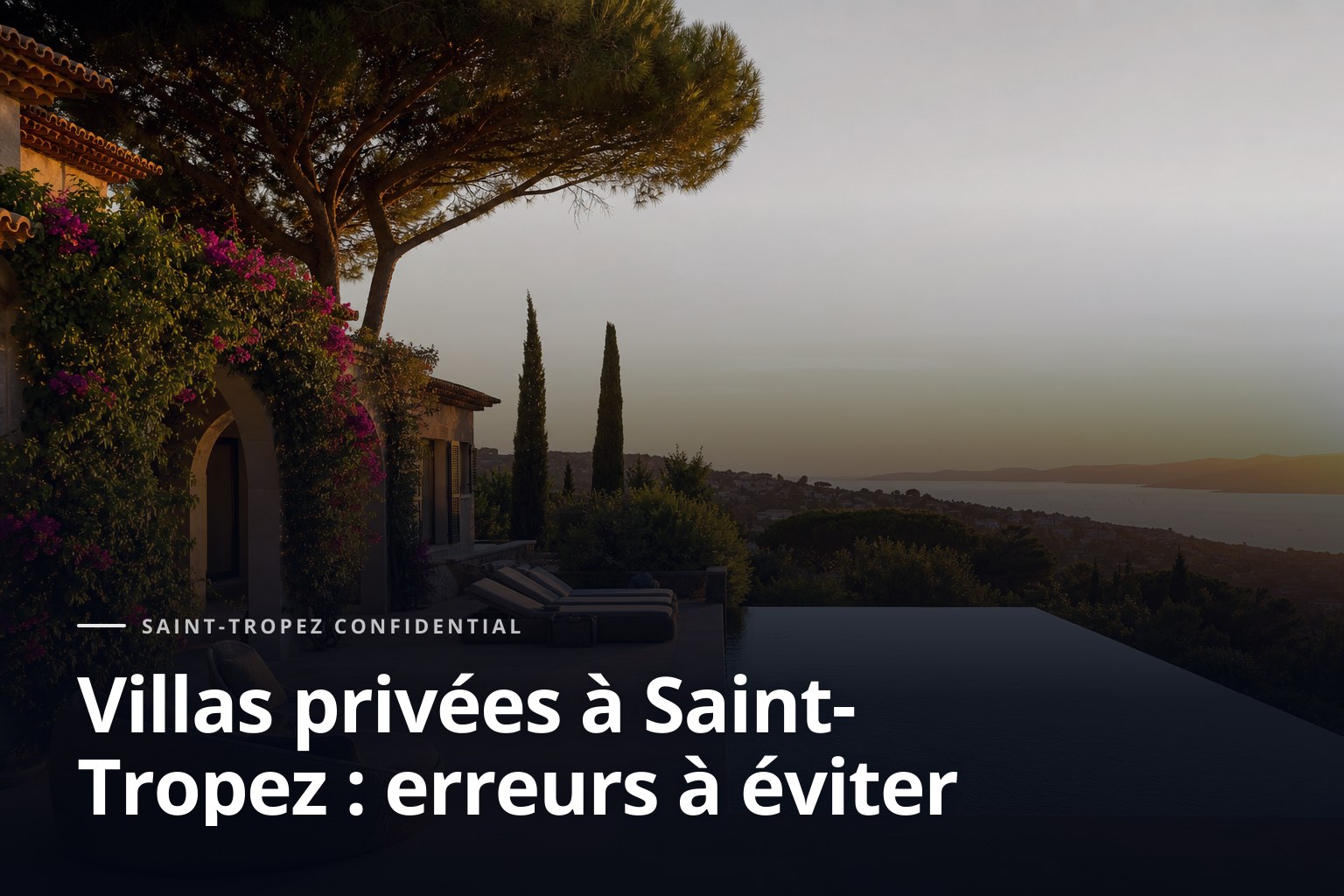 Villas privées à Saint-Tropez avec terrasse en pierre, piscine à débordement et vue mer au coucher du soleil