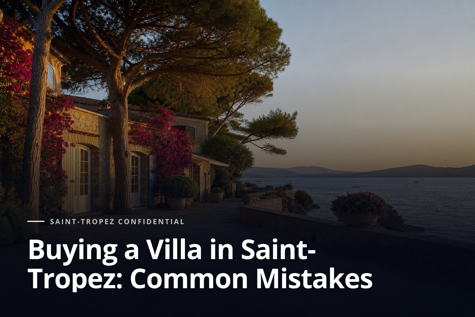 Villa for buying a villa in Saint-Tropez, sunlit stone terrace overlooking the sea.