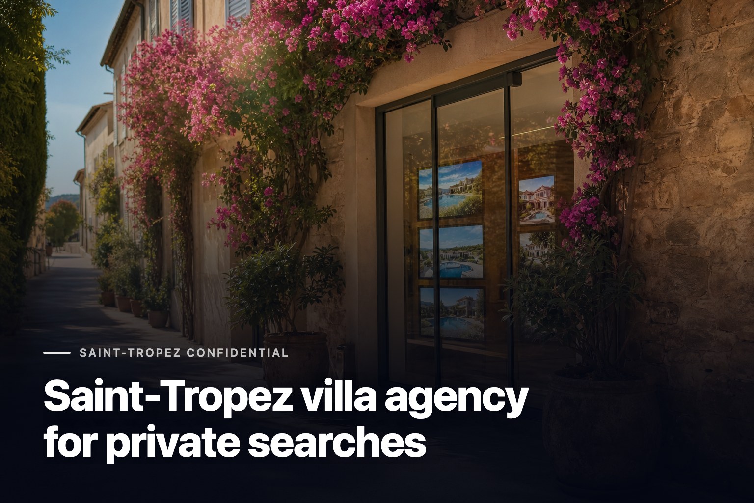 Villa agency in Saint-Tropez facade on a sunlit stone street with bougainvillea