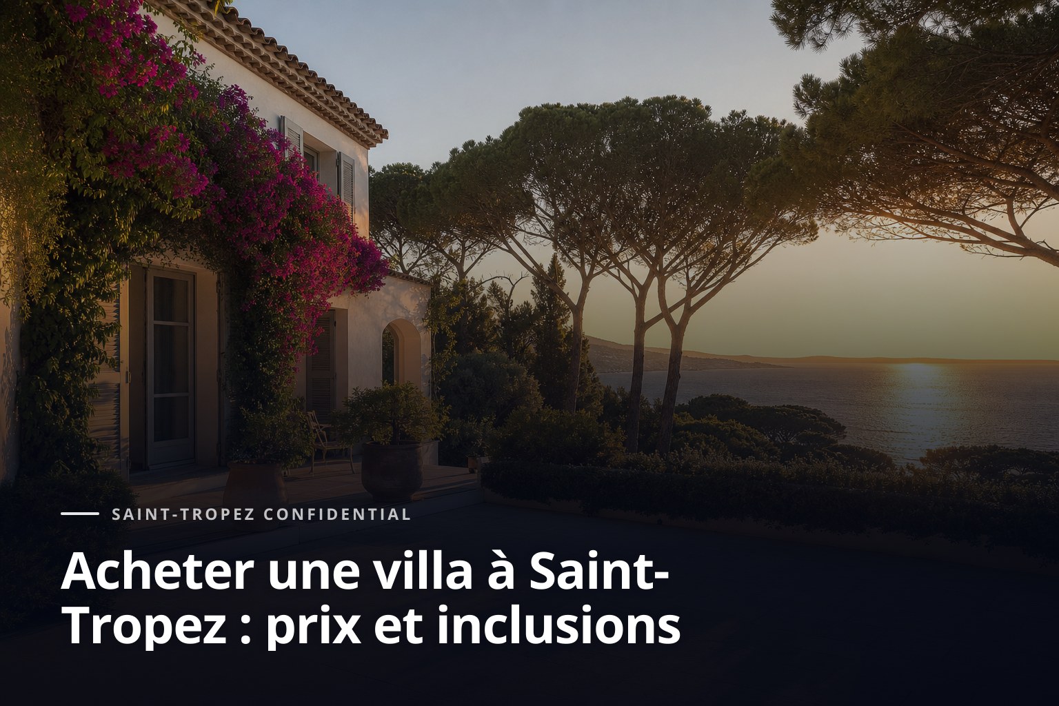 acheter villa Saint-Tropez : villa méditerranéenne blanche avec terrasse et vue mer au coucher du soleil