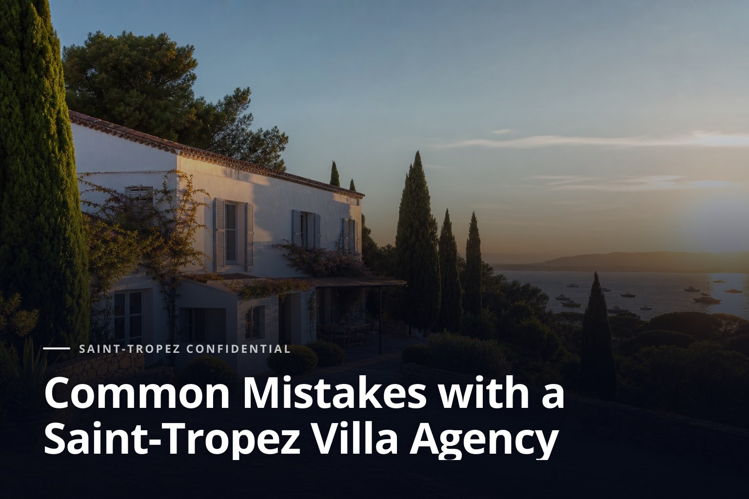 Saint-Tropez villa agency villa with terrace, cypress trees, and sea at golden hour