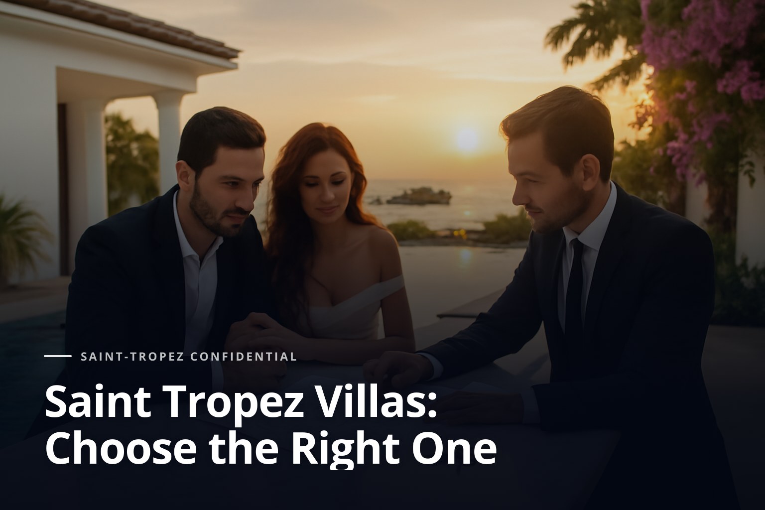 Al atardecer, una pareja elegante y un asesor privado revisan discretamente planos y llaves sobre una mesa de mármol en la terraza de una villa blanca en Saint-