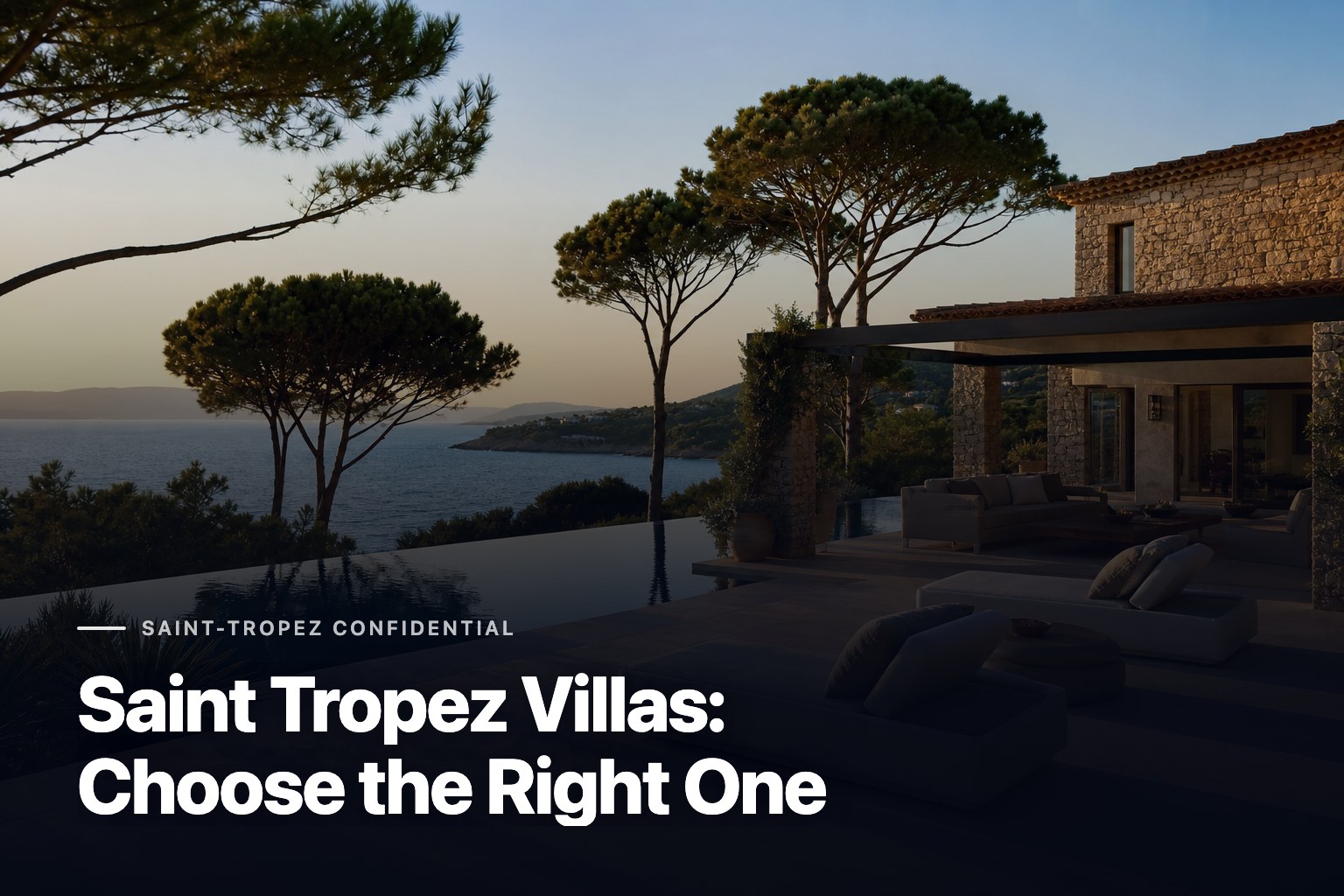 Saint tropez villas overlooking a sunlit Mediterranean terrace and infinity pool by the sea