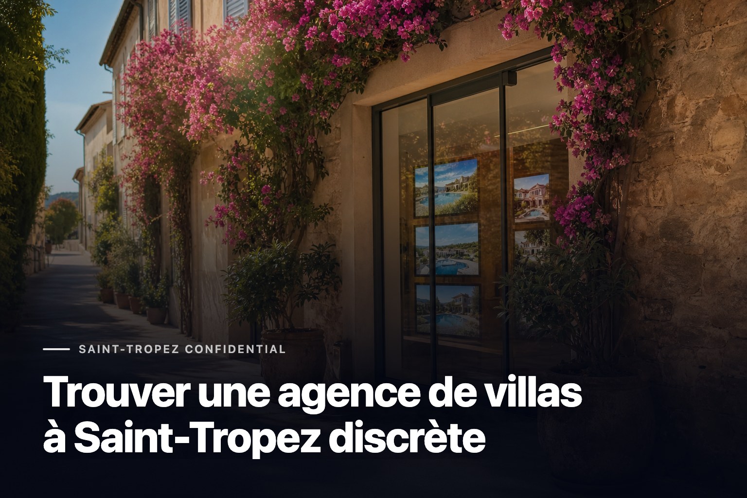 Façade de l’agence de villas à Saint-Tropez sur une rue en pierre ensoleillée, avec bougainvilliers