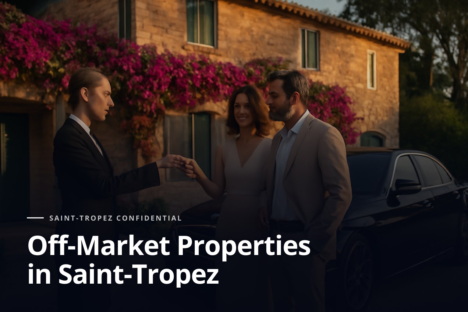 Al atardecer, una agente elegante entrega discretamente unas llaves a una pareja sofisticada junto a una villa de piedra en Saint-Tropez, rodeados de buganvilla