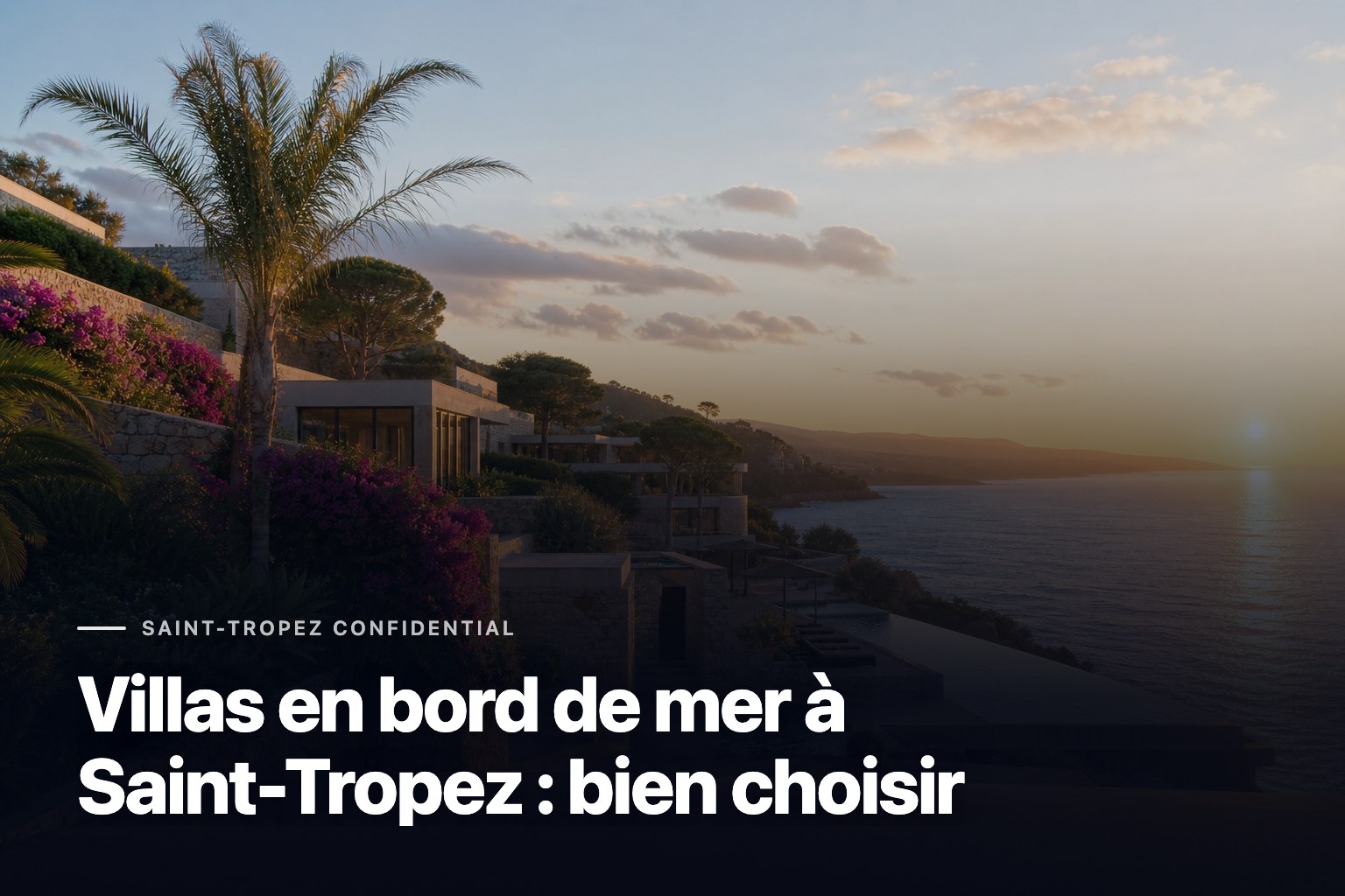 Villas en bord de mer à Saint-Tropez avec terrasses en pierre, piscine à débordement et mer Méditerranée au coucher du soleil