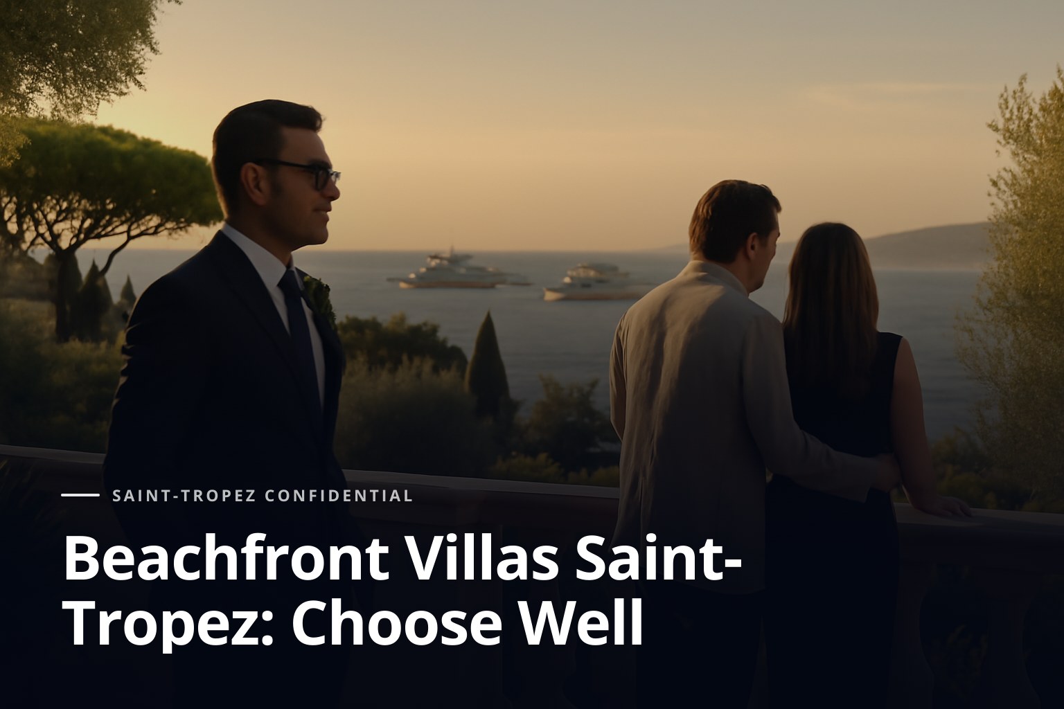 Un agente elegante y una pareja discreta observan desde una terraza de villa frente al mar en Saint-Tropez, con yates desenfocados al fondo, luz dorada de atard
