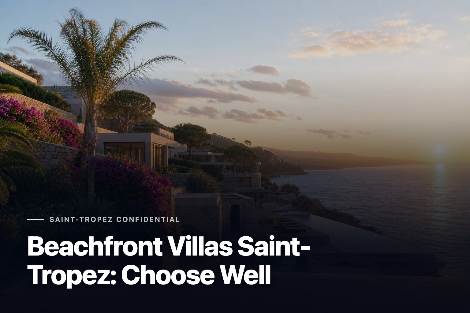Beachfront villas saint-tropez with stone terraces, infinity pool and Mediterranean sea at sunset