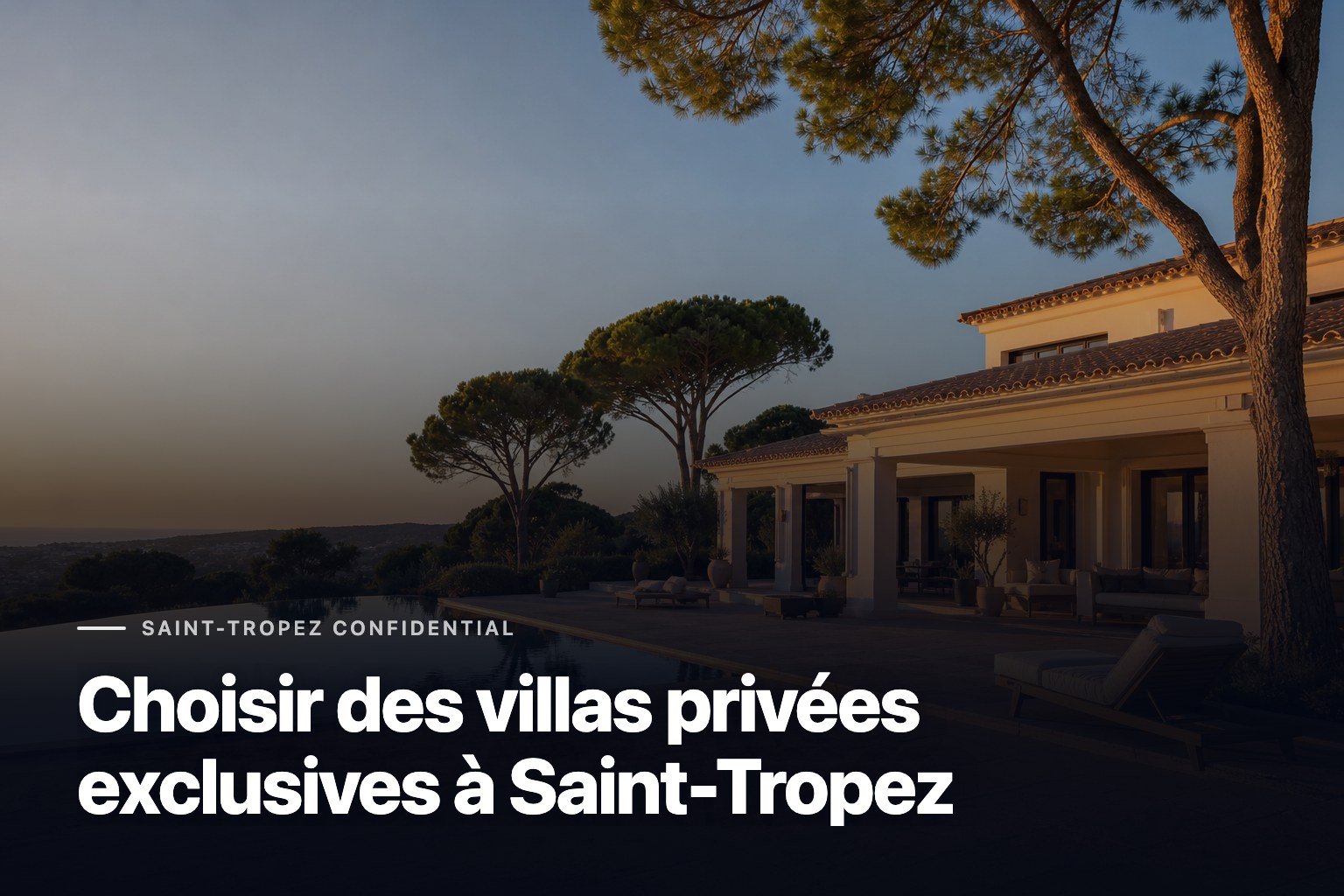 villas privées exclusives à Saint-Tropez, villa blanche avec piscine à débordement et pins méditerranéens au coucher du