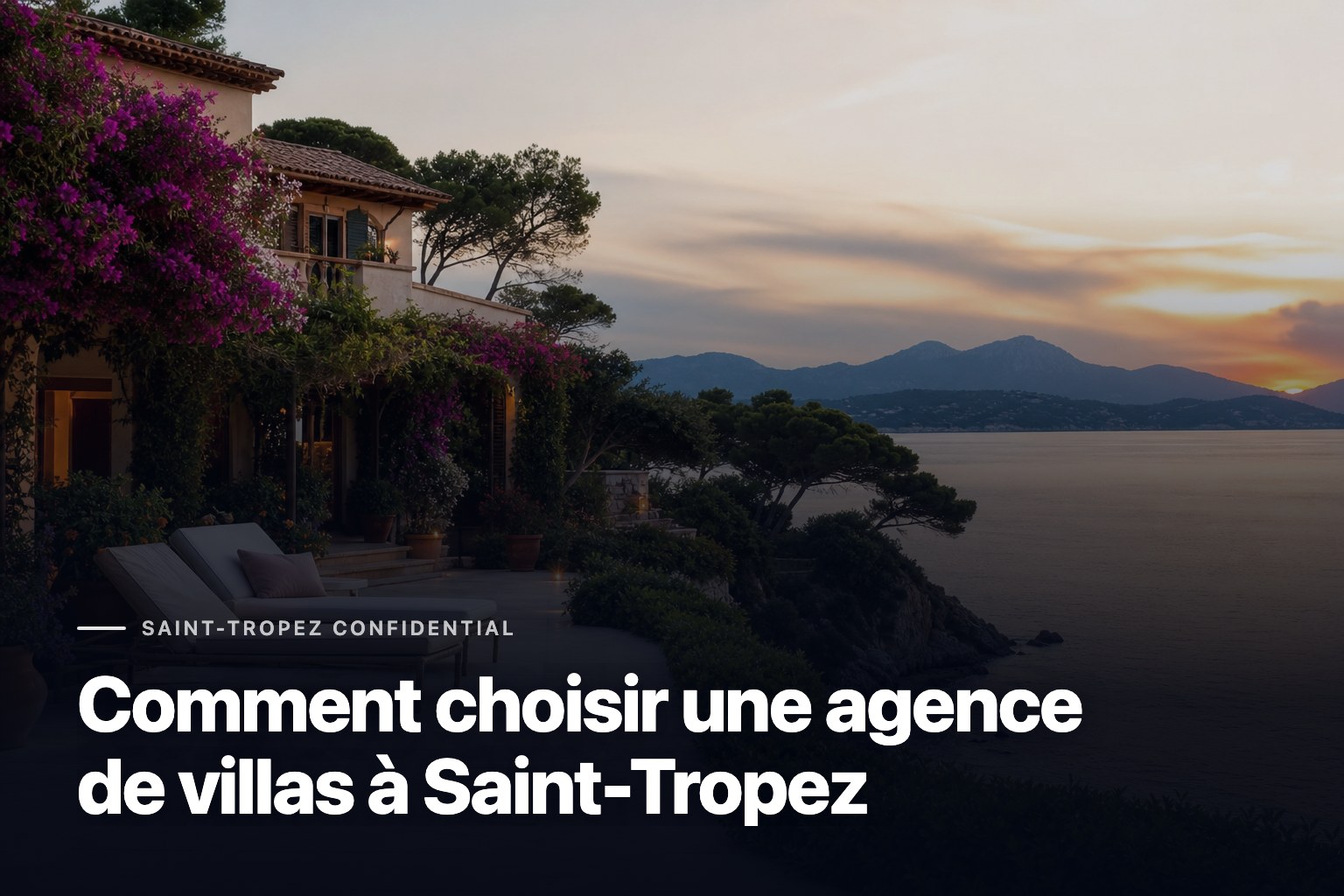 Agence de villas à Saint-Tropez : terrasse de villa méditerranéenne avec vue sur mer à l’heure dorée