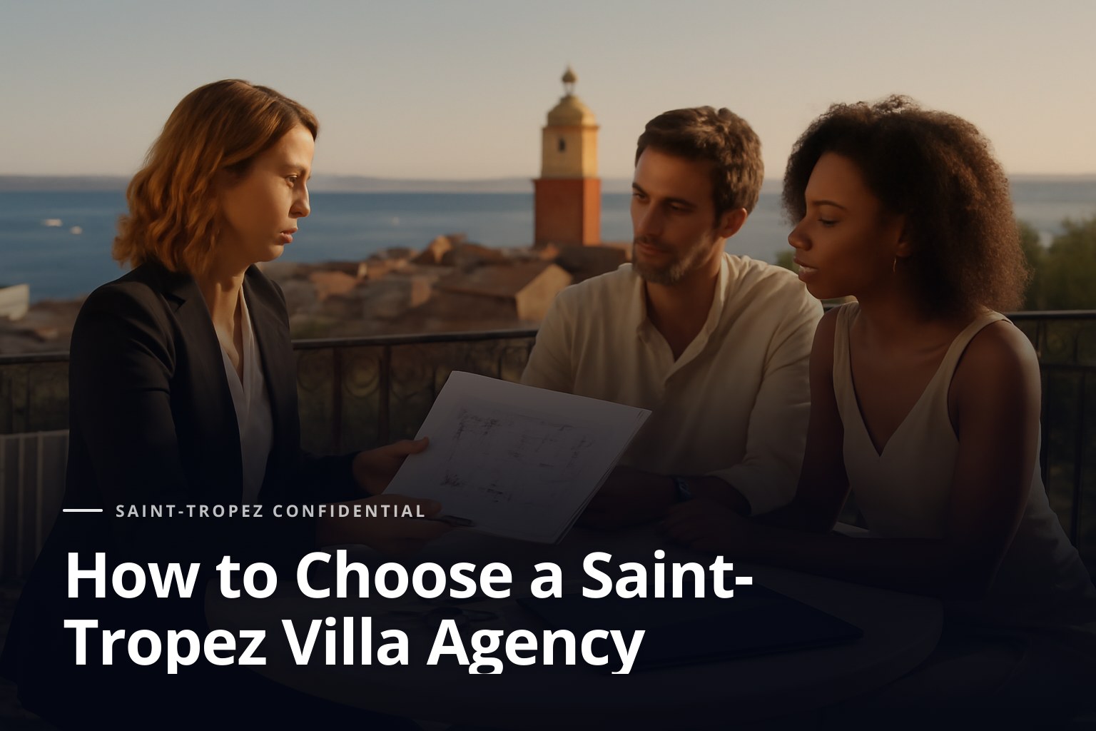 En una terraza luminosa de Saint-Tropez, una asesora elegante muestra planos de una villa a una pareja internacional junto a una mesa con llaves y carpeta discr