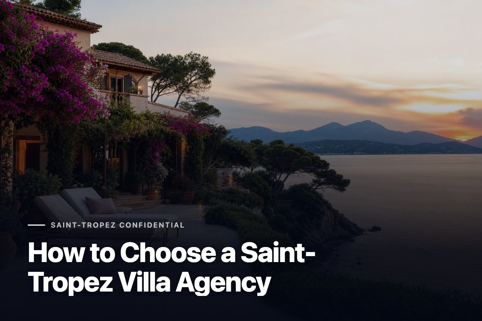 Saint-Tropez villa agency: Mediterranean villa terrace with sea views at golden hour