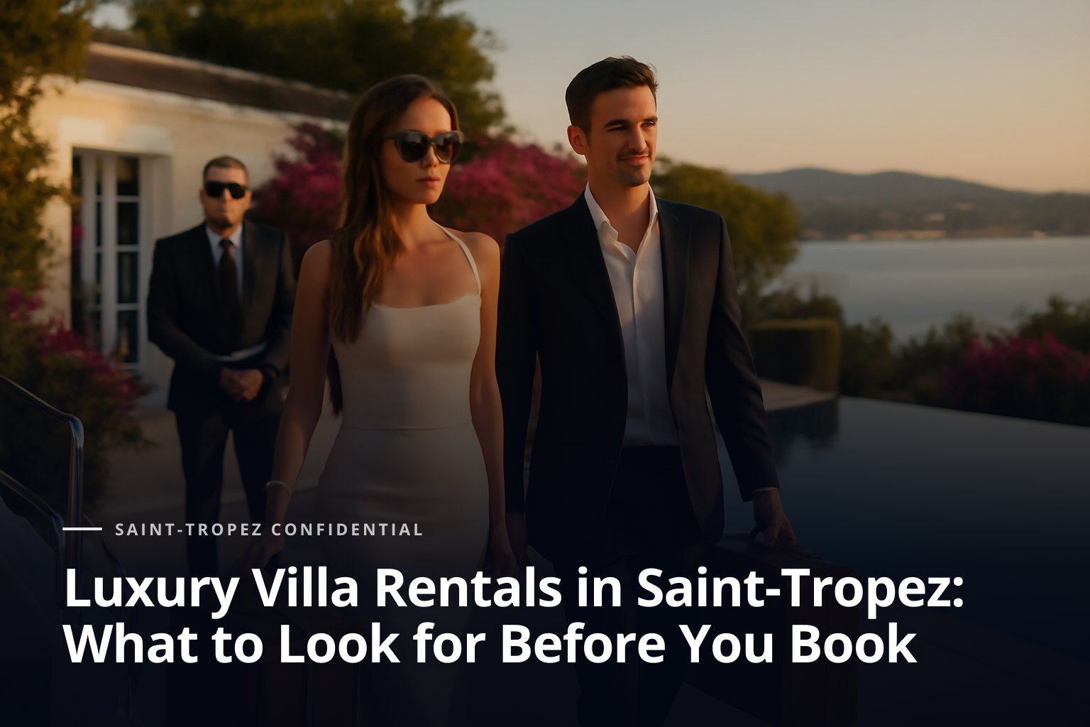 Una pareja elegante desciende de un yate junto a un agente discreto en una villa blanca sobre la bahía de Saint-Tropez, con maletas de cuero, buganvillas y pisc