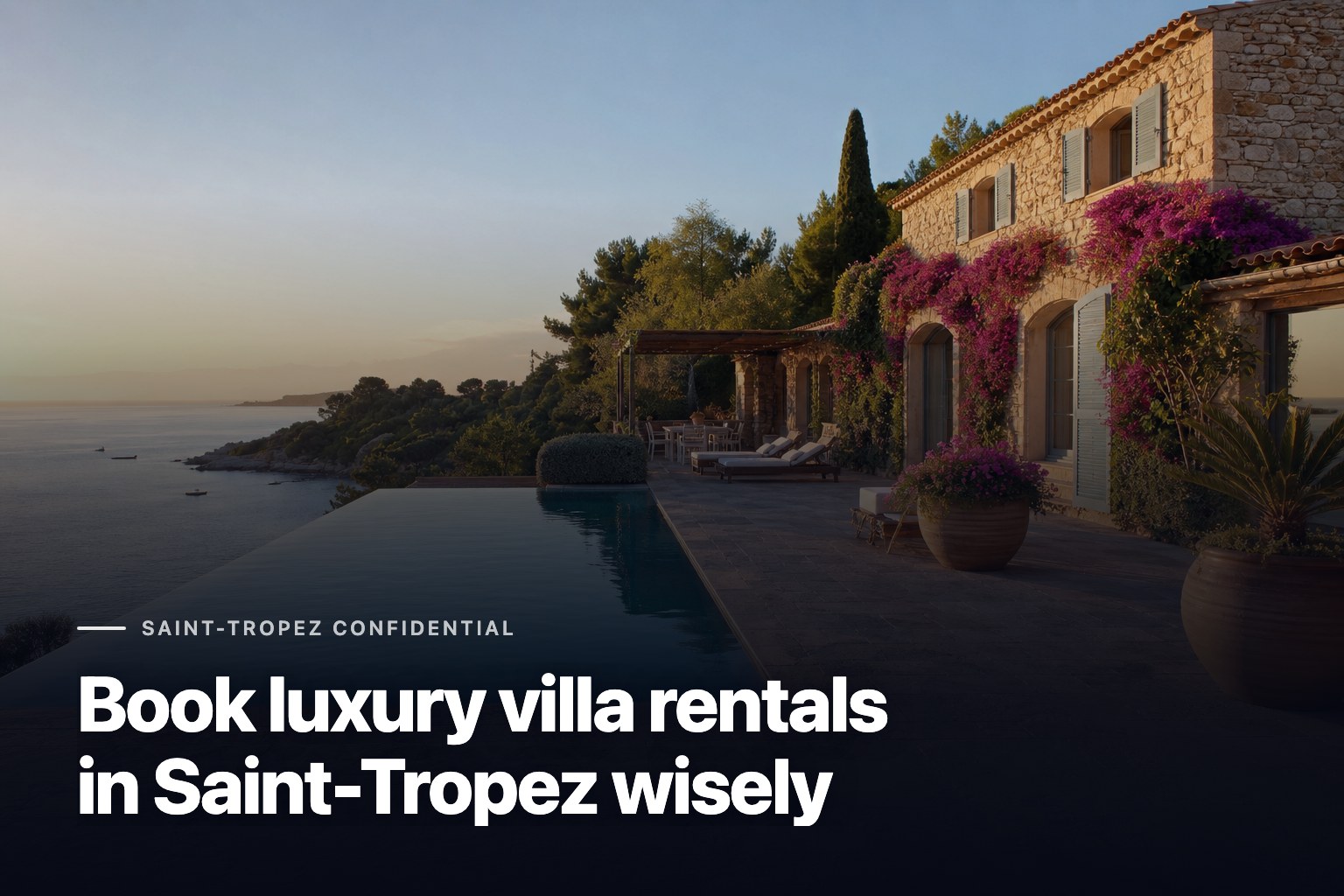 Luxury villa rentals in Saint-Tropez with a stone villa, infinity pool, and sea-view terrace at sunset